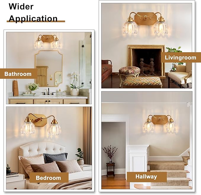 Vintage Bathroom Light Fixtures, 2 Light Gold Bathroom Vanity Light, Matte Antique Brass Finish with Crystal Glass Shade, Wall Sconces Lighting for Bedroom, Living Room, Hallway
