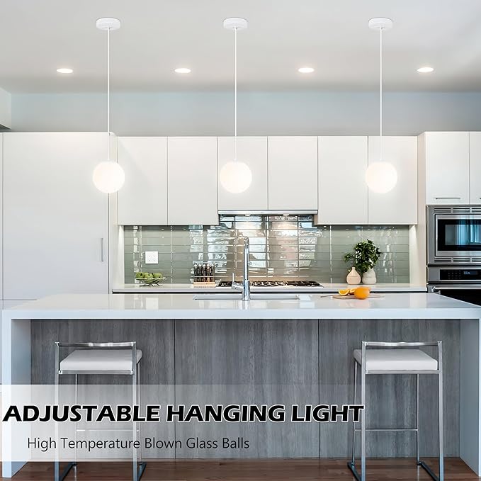 KoKo&Yukina 6 Inch Globe Pendant Light White Globe Pendant Lights Kitchen Island Mid Century Light Fixture with Milky White Glass Shade for Dining Room (2 Pack)