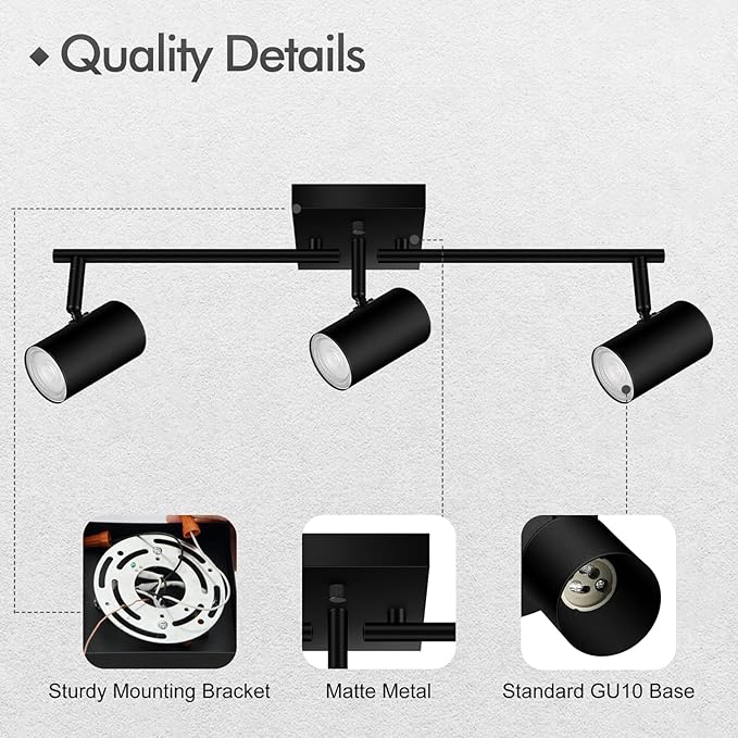 3 Light Track Lighting Fixtures Ceiling, Black LED Track Lighting Kit, Modern Kitchen Track Lights with Rotatable Light Heads, Ceiling Spot Lighting for Living Room/Hallway/Bar, No GU10 Bulb