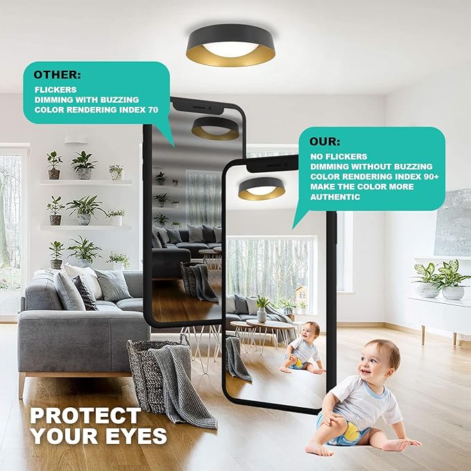 15.5 Inch LED Flush Mount Ceiling Light Fixture, 26W, Super Bright 1800 Lumen, 3 Color 3000K/4000K/5000K, Matt Black with Gold Inside, Dimmable Ceiling Lamp for Bedroom Hallway Bathroom Outdoor