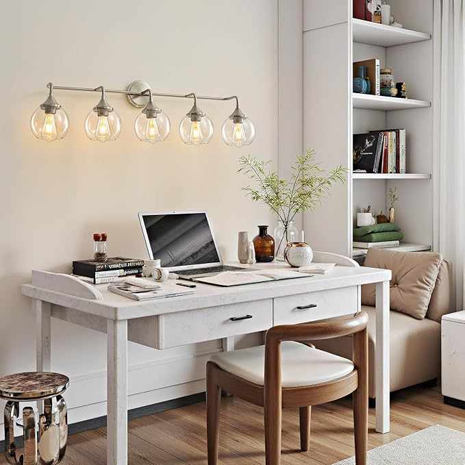 Bathroom Vanity Lights with Clear Glass Shade, E26 Base, Vanity Lighting Fixtures Over Mirror, 39 Inch Vanity Lights for Bathroom (Exclude E26 Bulb) (Brushed Nickel, 5-Lights)
