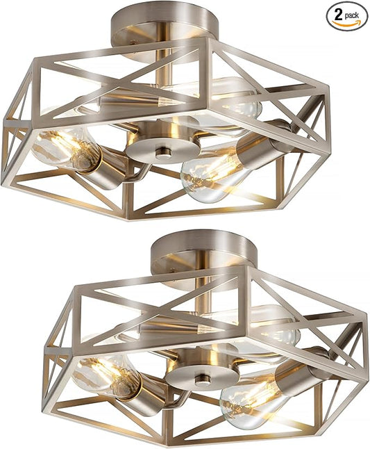 2 Pack Close to Ceiling Light Fixtures, 3-Lights Cage Flush Mount Ceiling Light, 14.5 Inch Brushed Nickel Semi Flush Mount Ceiling Light for House Bedroom Laundry Hallway Kitchen