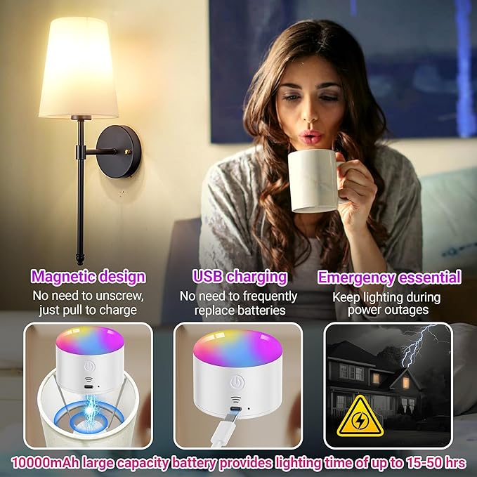 YHCDLAMP Battery Operated Wall Sconce Light with Remote Control, Dimmable Wall Sconce Set of 2 with White Fabric Shade, Wireless Battery Operated Wall Lamp for Bedroom Living Room, Bulb Included