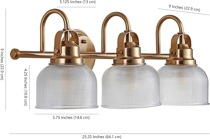 JONATHAN Y 25.25" Brass Gold Modern Bathroom Vanity Light, 3-Light LED Wall Sconce, Clear Glass Bell Shade for Mirror Hallway Kitchen, ETL Listed, LED Bulb Included (JYL7409B)