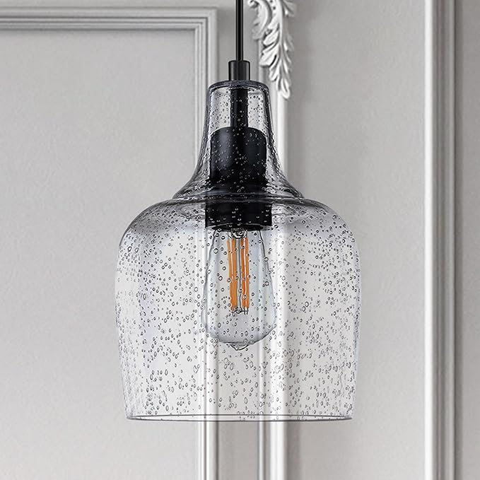 2 Pack 1 Light Indoor Hanging Kitchen Island Pendant Ceiling Light 6.1" Clear Seeded Glass Fixture,Black Finish for Farmhouse Over Sink Bedroom Hallway