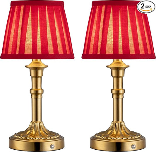KDG Cordless Portables Table Lamp Set of 2, LED Fabric Shade Small Desk Lamps, 5000mAh Battery Powered Lighting, 2700K Stepless Dimmable Light for Living Room, Dining Room, Bedroom (Gold+Red)