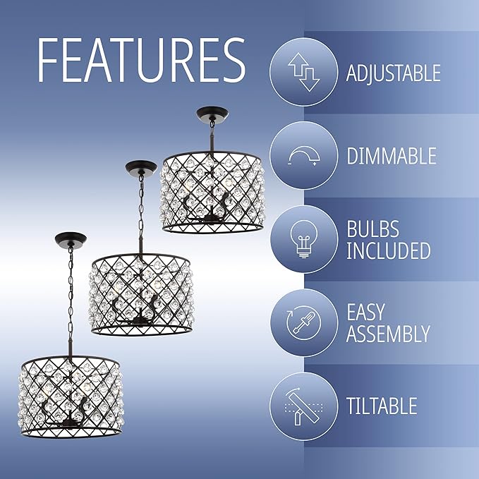 JONATHAN Y 16" Oil Rubbed Bronze Crystal LED Pendant Light, Adjustable Metal Chandelier for Kitchen Island, Entryway, Foyer, Clear Hand-Polished Crystal Shade, LED Bulb (JYL9026A)