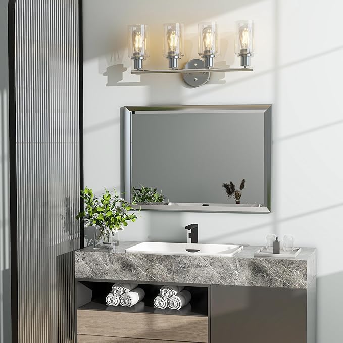 Pia Ricco Bathroom Vanity Light Fixtures, 4-Light Bathroom Wall Lights with Clear Glass Shades, Modern Wall Sconce Over Mirror, Bath Wall Sconces for Mirror Living Room Bedroom Hallway