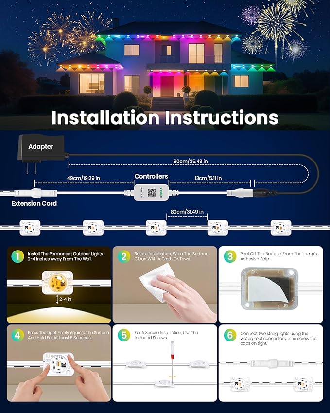 KISUFU 200FT RGB+IC Permanent Outdoor Lights, 24V Year-Round Roof & Eaves Lighting with 221 Modes, App & Remote Control, IP68 Waterproof, Smart Outside Lights for Halloween, Christmas, Holidays