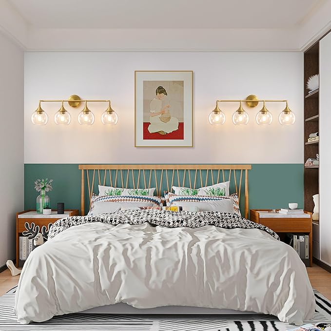 Bathroom Vanity Light Gold, 4 Light Bathroom Light Fixtures Over Mirror with Clear Glass Shade, 31 inch Vanity Lights for Bathroom Farmhouse (Exclude E26 Bulb)