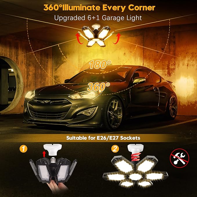 TANBABY 2 Pack LED Garage Lights, 150W Deformable Garage Light Bulb, Total 12000LM 3000K Warm White, 6 Adjustable Panels, E26/E27 Screw-in Ceiling Light for Basement, Gift for Men