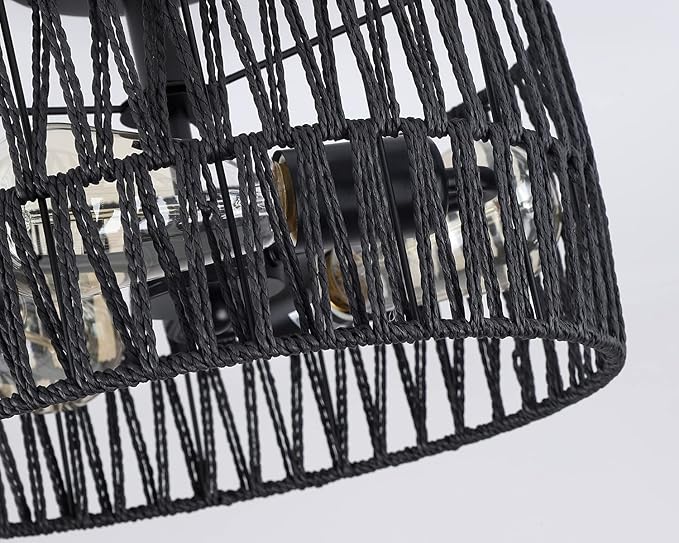 3-Light Coastal Black Woven Flush Mount Light Fixture Rustic Industrial Hemp Rope Flush Mount Ceiling Light for Hallway Bedroom Kitchen Entryway Farmhouse Living Room, Black