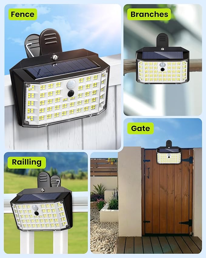 Clip on Solar Lights Outdoor with Motion Sensor, 600LM 176LED Solar Fence Lights Outdoor Waterproof, 3 Modes & Portable Security Lights for Chain Link Patio Deck Yard Garage (1Pack)