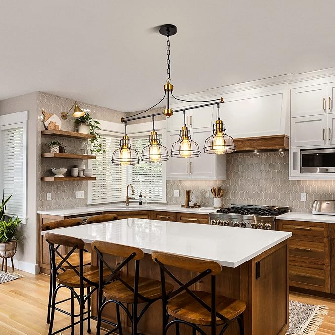 WILON Dining Room Lights, 4 Light Pendant Lighting for Kitchen Island Farmhouse Chandelier Dining Room Light Fixture, Rustic Chandelier Black Modern Pendant Lighting with Clear Glass Shades