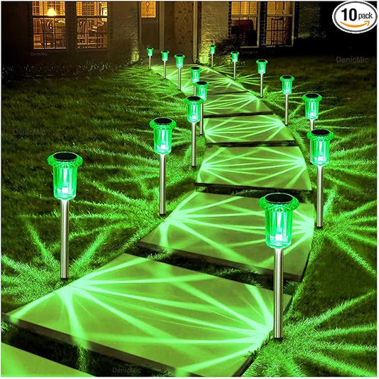 DenicMic Solar Lights Outdoor 10 Pack Waterproof Outside Lights for Yard Pathway Garden Driveway Walkway Landscape Path Lighting Green LED Stainless Steel Stake Halloween Decor