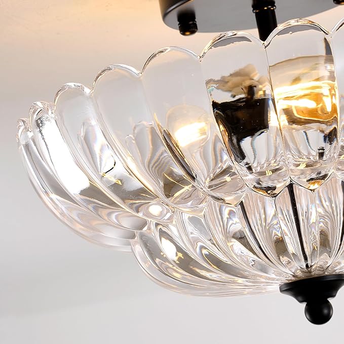 semi Flush Mount Ceiling Light Fixture - 3-Light Vintage Crystal Glass with Black Metal Frame, Modern Close-to-Ceiling Lighting for Bedroom, Kitchen, Living Room or Hallway, e26 Base