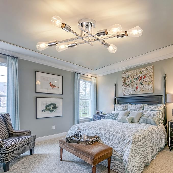 ZGLAOJT 6-Lights Semi Flush Mount Ceiling Light Fixture，Chrome Industrial Chandelier，Farmhouse Lighting for Dining Room Living Room Kitchen Bedroom