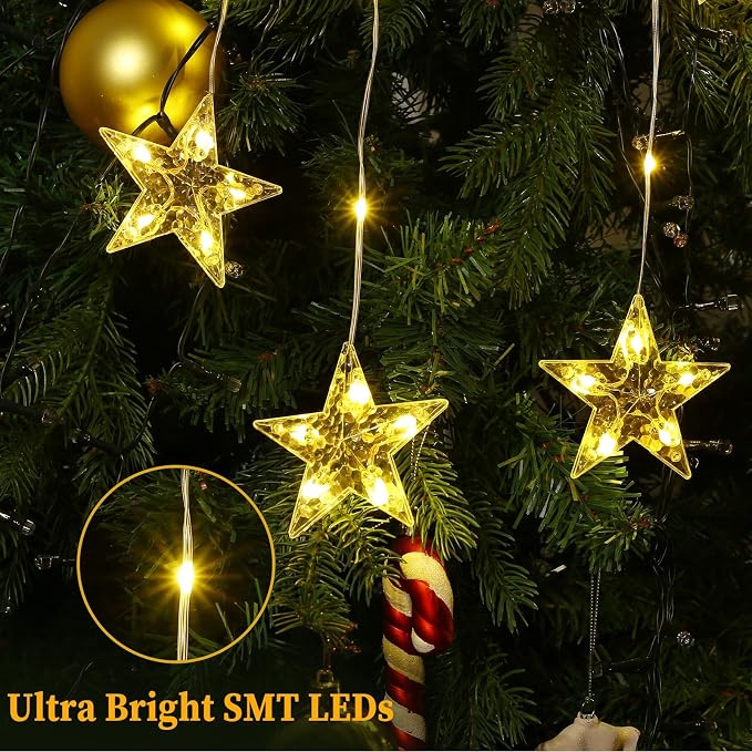 Christmas Window Lights, 76LEDs 9 Star Curtain Lights, Warm White&Multicolor, IP65 Waterproof, Timer & Memory Function, 8 Modes Indoor/Outdoor Decoration for Xmas, Birthday, Wedding, Bedroom