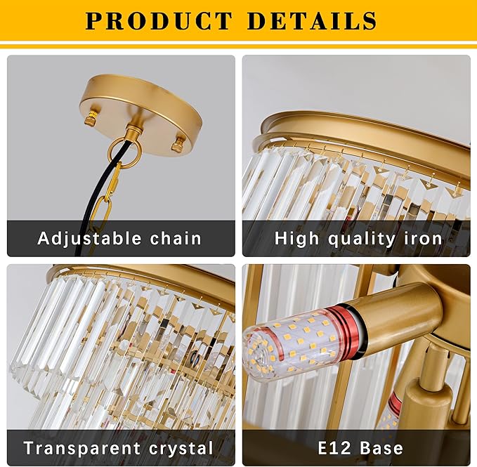 15.8" Gold Crystal Chandelier 6-Lights Crystal Round Pendant Lights 3-Tier Luxury Hanging Ceiling Light Fixture for Hallway Dining Room Living Room Bedroom Kitchen Island Stairway Entryway
