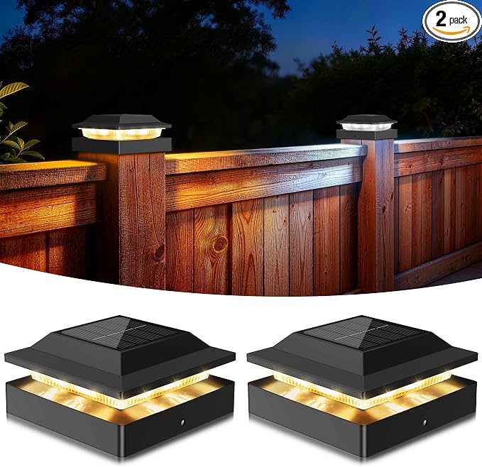 Solar Post Cap Lights 2-Pack, IP65 Waterproof Fence Post Solar Lights for 4x4 Wood/Vinyl Posts, Outdoor Post Lights with 2 Color Modes Decorate Garden Patio Porch Backyard, Black