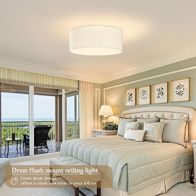 15.7 Inch Flush Mount Ceiling Light Gold Close to Lights Fixture with Fabric Shade 3-Light Drum Modern Lights for Dining Room Bedroom Hallway