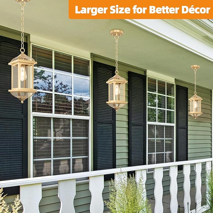Gold Outdoor Pendant Light for Porch Fully Enclosed, 16 Inch Large Exterior Hanging Light Aluminum Made Anti-Corrosion Outside Ceiling Mount Lights Brass Chandelier Entry Light, E26