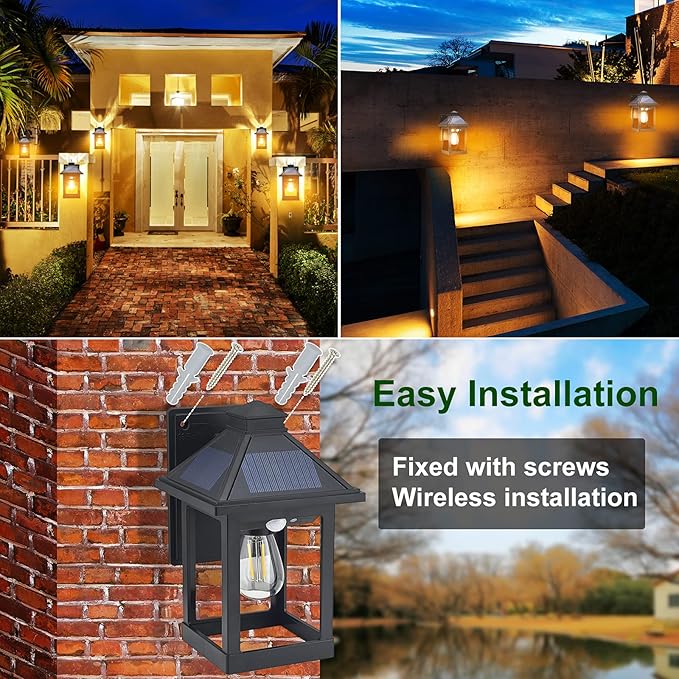 CYHKEE Solar Powered Wall Lanterns Outdoor with 3 Modes, Dusk to Dawn Motion Sensor LED Sconce Lights Waterproof, Exterior Front Porch Security Lamps Wall Mount Patio Fence Decorative Light Fixtures