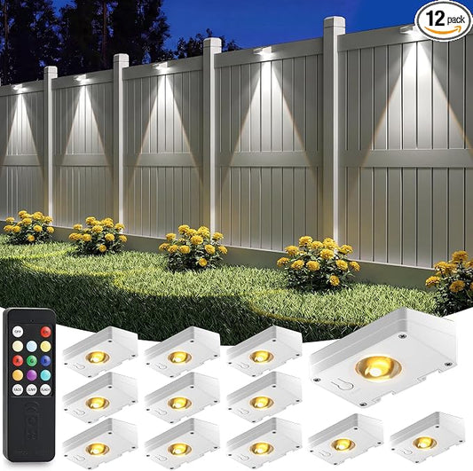 VOLISUN Solar Fence Lights with Remote Control, Fence Lights Solar Powered, IP65 Waterproof LED, RGB Color Changing Solar Light for Fence, Yard, Wall, Backyard (12 Pack,White)
