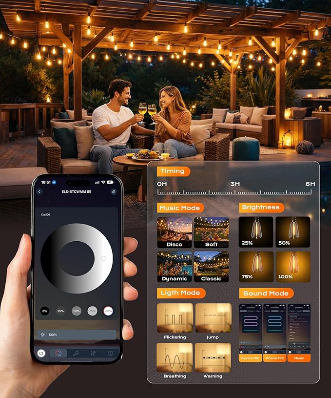 Outdoor String Lights, 150ft Patio Lights for Outside, Smart App & Remote Control with Timer, Dimmable with 4 Scene Modes, Warm White Waterproof LED Bulbs for Garden, Yard and Backyard Decor