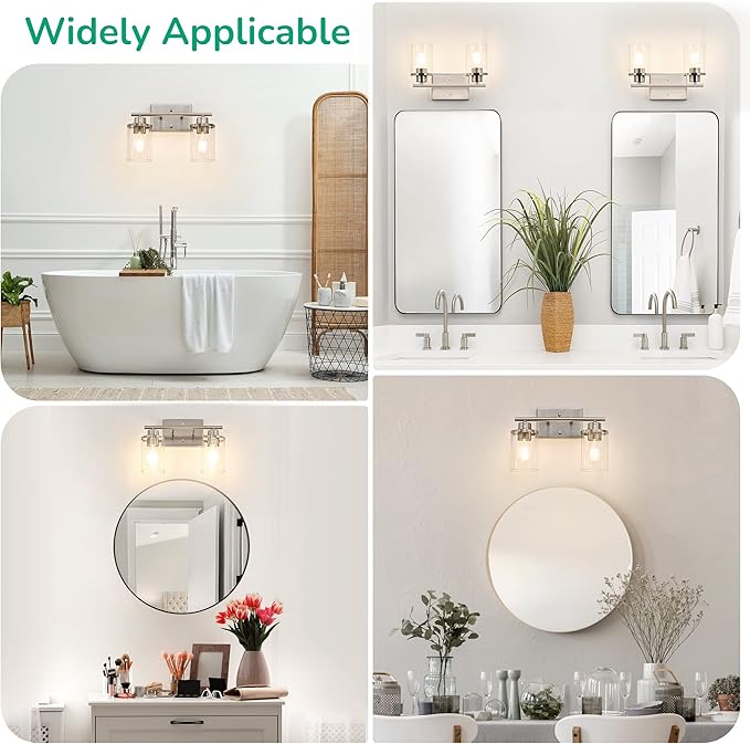 EDISHINE Vanity Light Fixtures, 2 Light Bathroom Vanity Light Fixtures Brushed Nickel, Modern Wall Sconces for Bathroom, Powder Room, Bedroom, Kitchen (E26 Base)