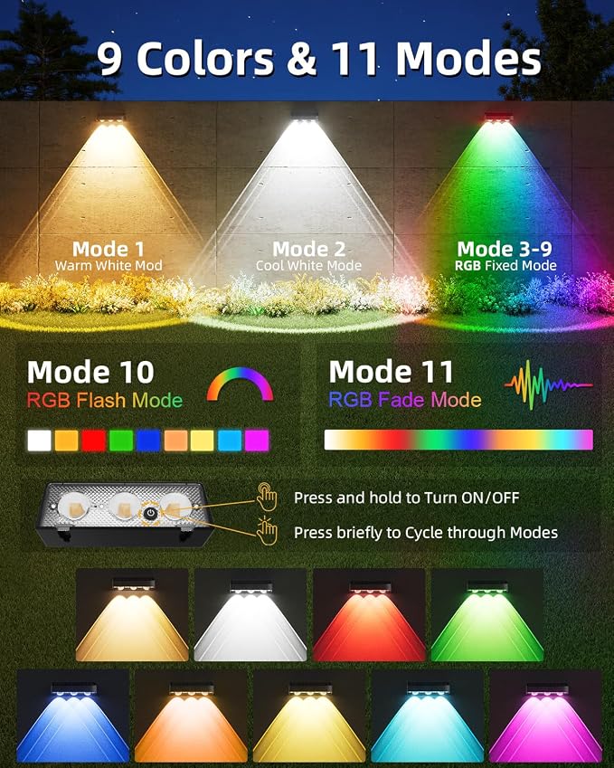 JOFIOS Solar Fence Lights Outdoor, 9 Fixed Colors ＆ Color Changing Fence Lights Solar Powered Waterproof IP65 Dusk-to-Dawn LED Deck Lighting for Patio, Railing, Pool, Porch, Backyard, Wall, 16 Pack
