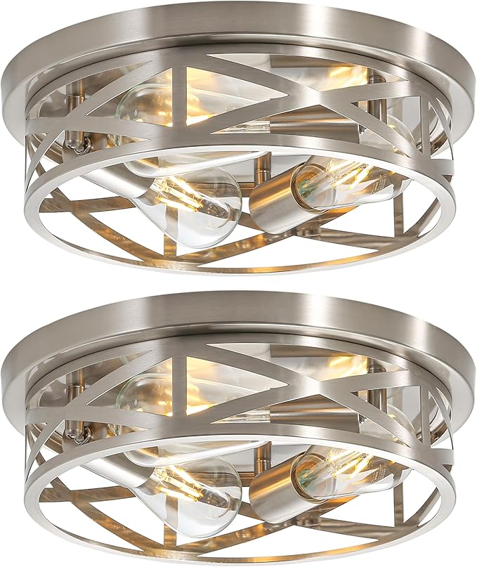 13 Inch Brushed Nickle Flush Mount Ceiling Light Fixture, 2-Pack Metal Cage Close to Ceiling Lights, Modern E26 Base Indoor Kitchen Ceiling Lights for House Hallway Bedroom Living Room Hallway