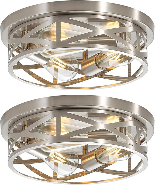 13 Inch Brushed Nickle Flush Mount Ceiling Light Fixture, 2-Pack Metal Cage Close to Ceiling Lights, Modern E26 Base Indoor Kitchen Ceiling Lights for House Hallway Bedroom Living Room Hallway