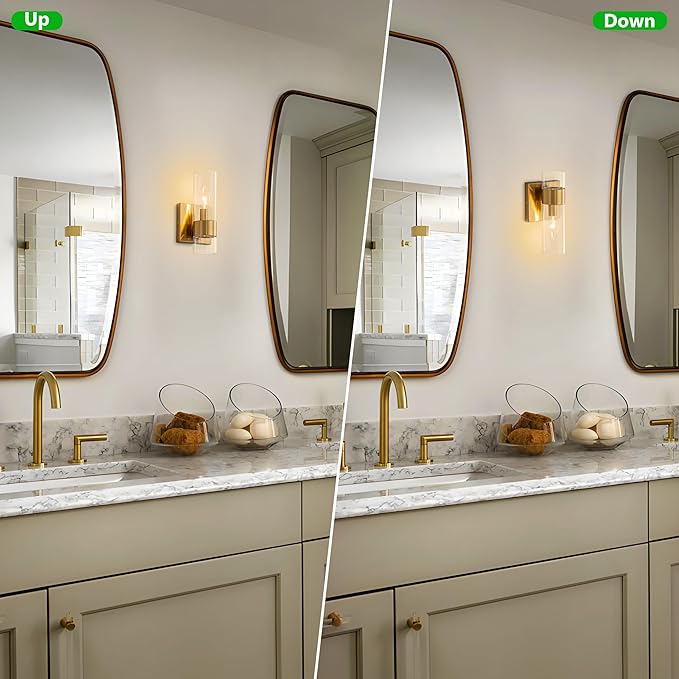 Brass Indoor Wall Sconces Set of Two, Bathroom Vanity Light Fixtures Over Mirror, Glass Wall Lamps for Bedroom Side Vanity Lights for Bathroom Sink Hallway, E12 Base