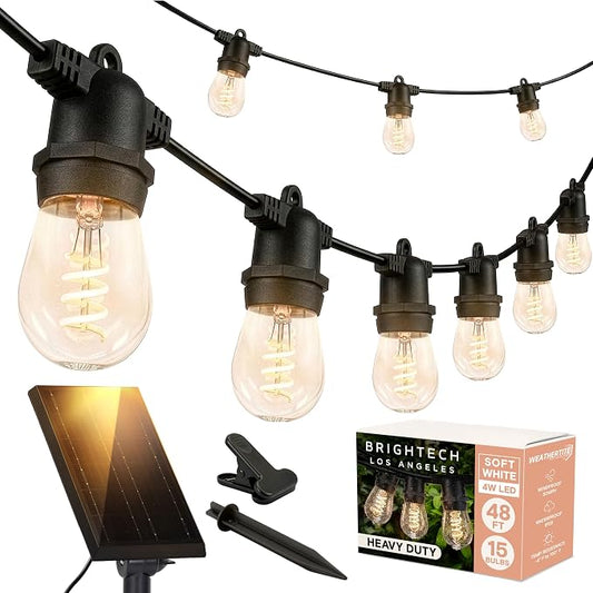 Brightech Ambience Pro Super Bright 48 Ft, 15 Bulbs Solar Power Remote Control Outdoor String Lights, Edison Spiral Shatterproof Bulbs, Commercial Grade LED, Waterproof Patio Lights, 4W Soft White