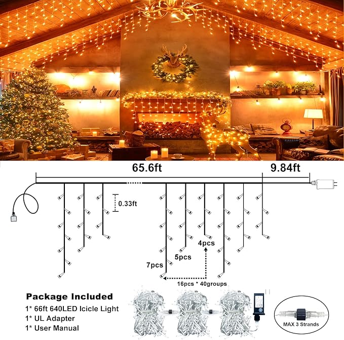 Orange Icicle Lights for Outside - 66FT 640 LED Icicle Halloween Lights with 8 Modes Timer, 120 Drops Waterproof Connectable String Lights Indoor for Patio Garden Holiday Decorations, Orange