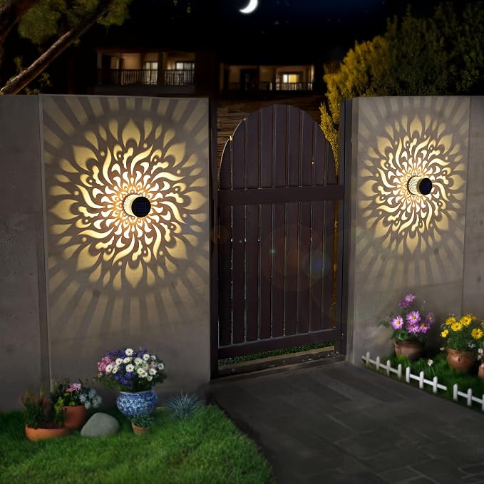 4 Pack Solar Fence Lights Metal Solar Powered Outdoor Wall Deck Step Lights Mandala Theme Waterproof Fence Light for Garden Post Patio Backyard Yard Decor, Gardening Gifts for Women Mom Grandma