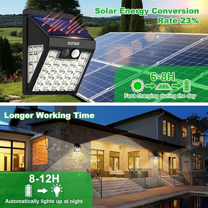 Solar Lights Outdoor, 72 LED Motion Sensor Wall Light, IP65 Waterproof and 3 Lighting Modes, Solar Powered Security Wireless Light Outside for Patio, Garden, Fence, Porch, Front Door(2 Packs)