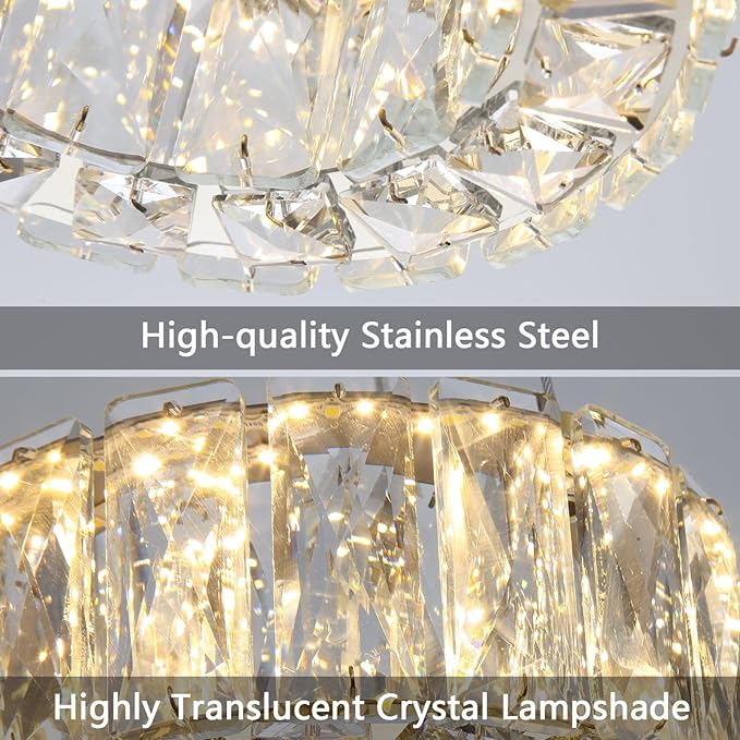 HAIXIANG Modern Crystal Chandelier Dimmable LED 8 Inch Ring Pendant Lights Adjustable Glam Chandeliers Lighting Fixtures for Dining Room Living Room Bedroom Silver Light