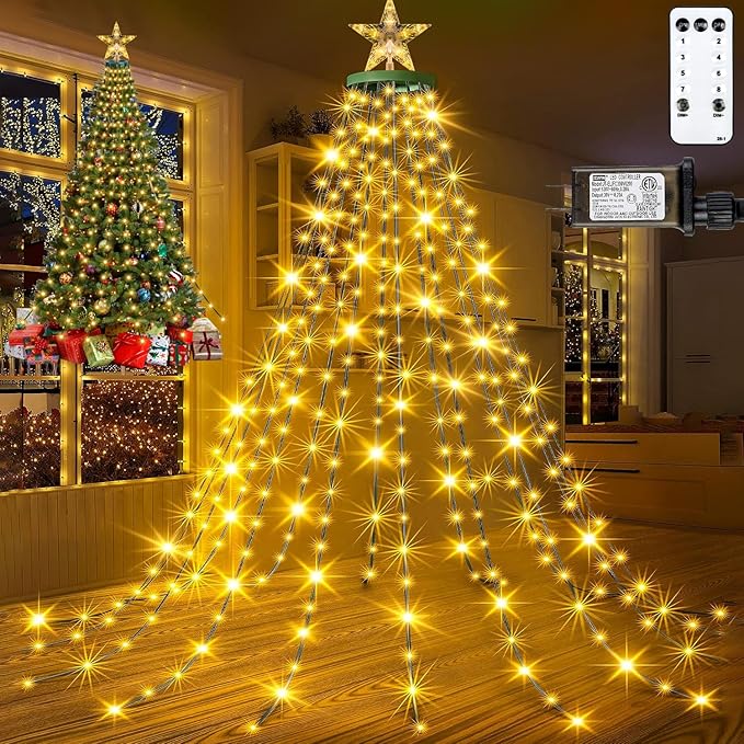 Christmas Tree Lights with Star Topper, 400LED Christmas String Lights with Ring for Tree, 6.6FT x 16 Lines Fairy Lights with 8 Modes Timer Remote for Indoor Outdoor Xmas Tree Decor, Warm White