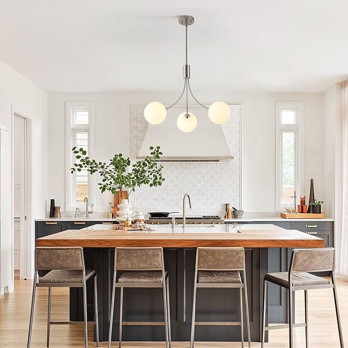 CNRATYE 3-Light Brushed Nickel Chandelier Milk Globe Glass Pendant Lights Kitchen Island, Modern Sputnik Globe Chandeliers for Dining Room Entryway Hallway Foyer Bedroom Office Bathroom