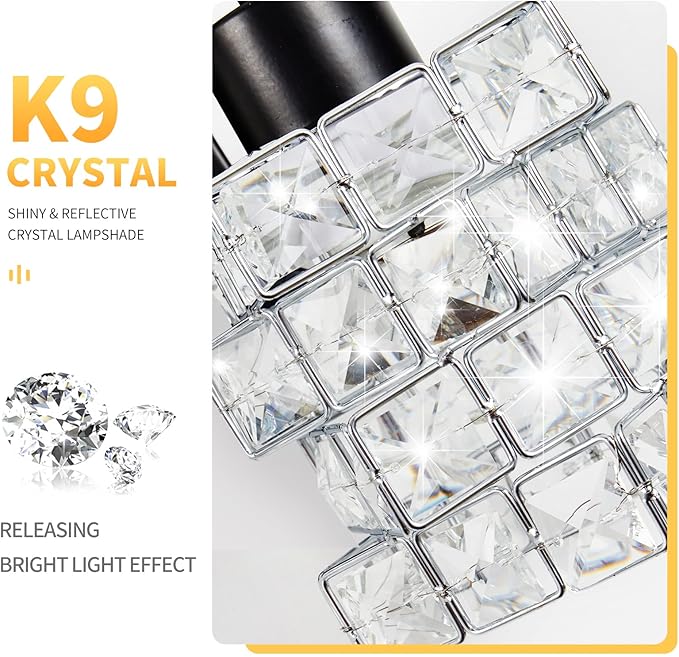 3 Lights Bathroom Vanity Light, Crystal Bathroom Light Fixture Over Mirror, Matte Black & Crystal Rotateable Indoor Wall Lights | Chrome Glass Modern Lampshade for Sink, Mirror & Foyer Corridor