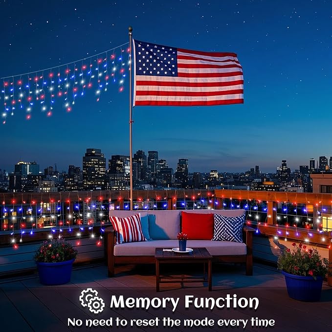 Red White and Blue Icicle Lights for Outside, 4th of July Decorations Independence Day Patriotic Lights, 33ft 400 LED with 75 Drops Clear Wire Connectable for Memorial Day Party Holiday