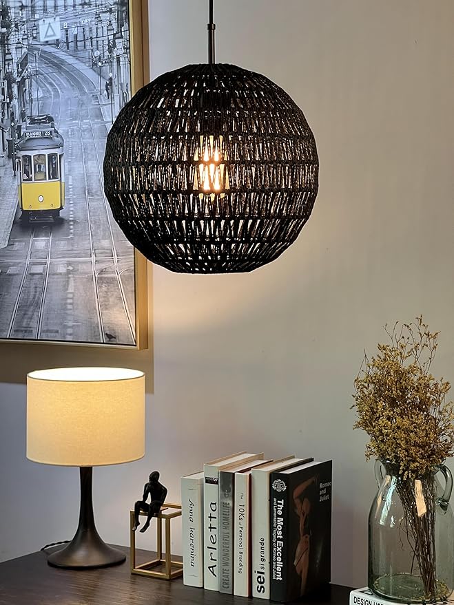 ELYONA Modern Woven Chandelier, 14" Large Boho Rattan Pendant Light Fixtures, Adjustable Globe Wicker Hanging Light for Dining Room Living Room Kitchen Island Farmhouse Foyer Bedroom Hallway, Black