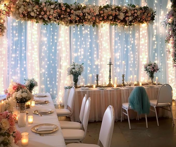 20ft X 8ft White Tulle Wedding Backdrop Curtains with Lights String 4 Panels White Sheer Backdrop Curtains for Parties Bridal Shower Baby Shower Birthday Christmas Photo Shoot Background Decorations