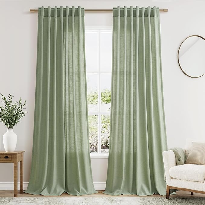 Nanspring Light Sage Linen Curtains 96 Inches Long 2 Panels Set for Living Room Rod Pocket Back Tab Semi Sheer Light Filtering Protect Privacy Pale Green Curtain for Bedroom Floor Length 52x96