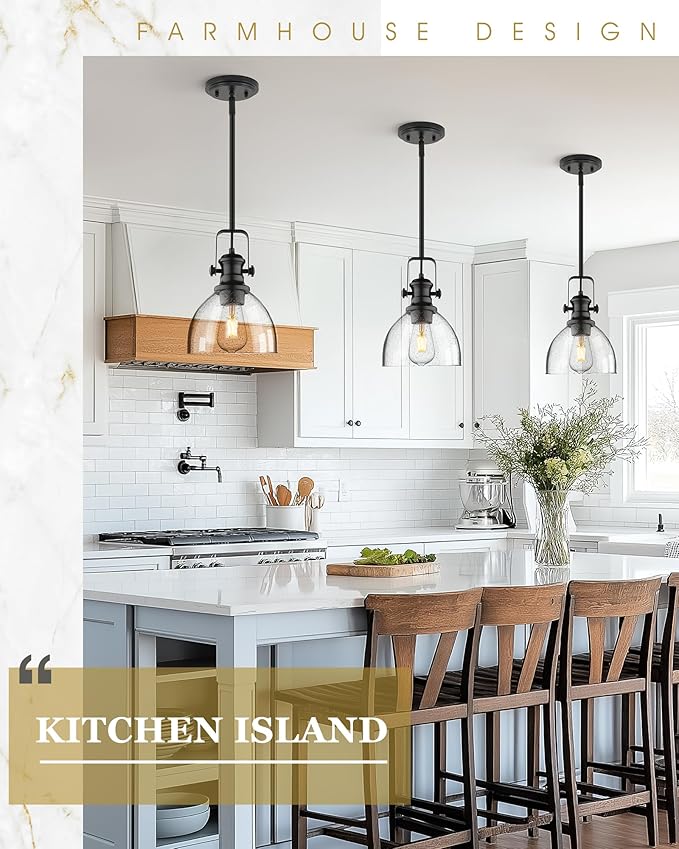 2-Pack Pendant Lights Kitchen Island, 7.5" Black Pendant Lighting with Clear Seeded Glass Shade, Farmhouse Hanging Light Fixtures for Dining Room, AD-22151-1P2-BK-G