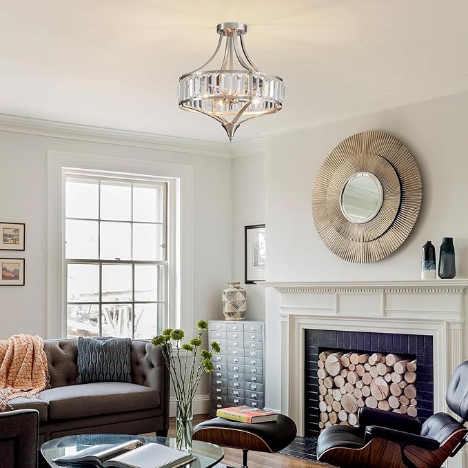 Brushed Nickel 4-Light Crystal Semi Flush Mount Ceiling Light Fixture Rustic Farmhouse Ceiling Lighting with Round Metal Shade Chandelier for Dining Room, Hallway, Bedroom, Foyer