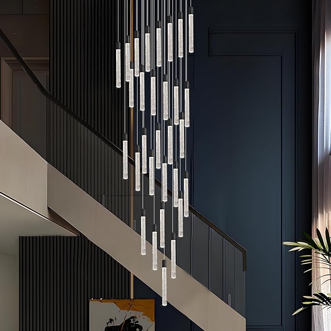 30-Light Black High Ceiling Chandeliers Modern Crystal Chandeliers for Entryway Long Spiral LED Dimmable Chandelier Flush Mount Ceiling Staircase Foyer Living Room Ceilings Light Fixture
