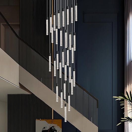 30-Light Black High Ceiling Chandeliers Modern Crystal Chandeliers for Entryway Long Spiral LED Dimmable Chandelier Flush Mount Ceiling Staircase Foyer Living Room Ceilings Light Fixture
